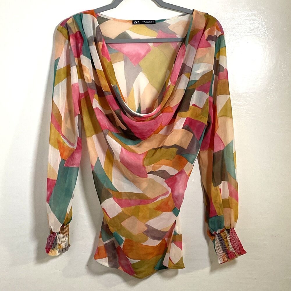 ZARA Top Harlequin Blouse Drape Neck Chiffon Multicolor Womens Size Medium - Picture 6 of 8